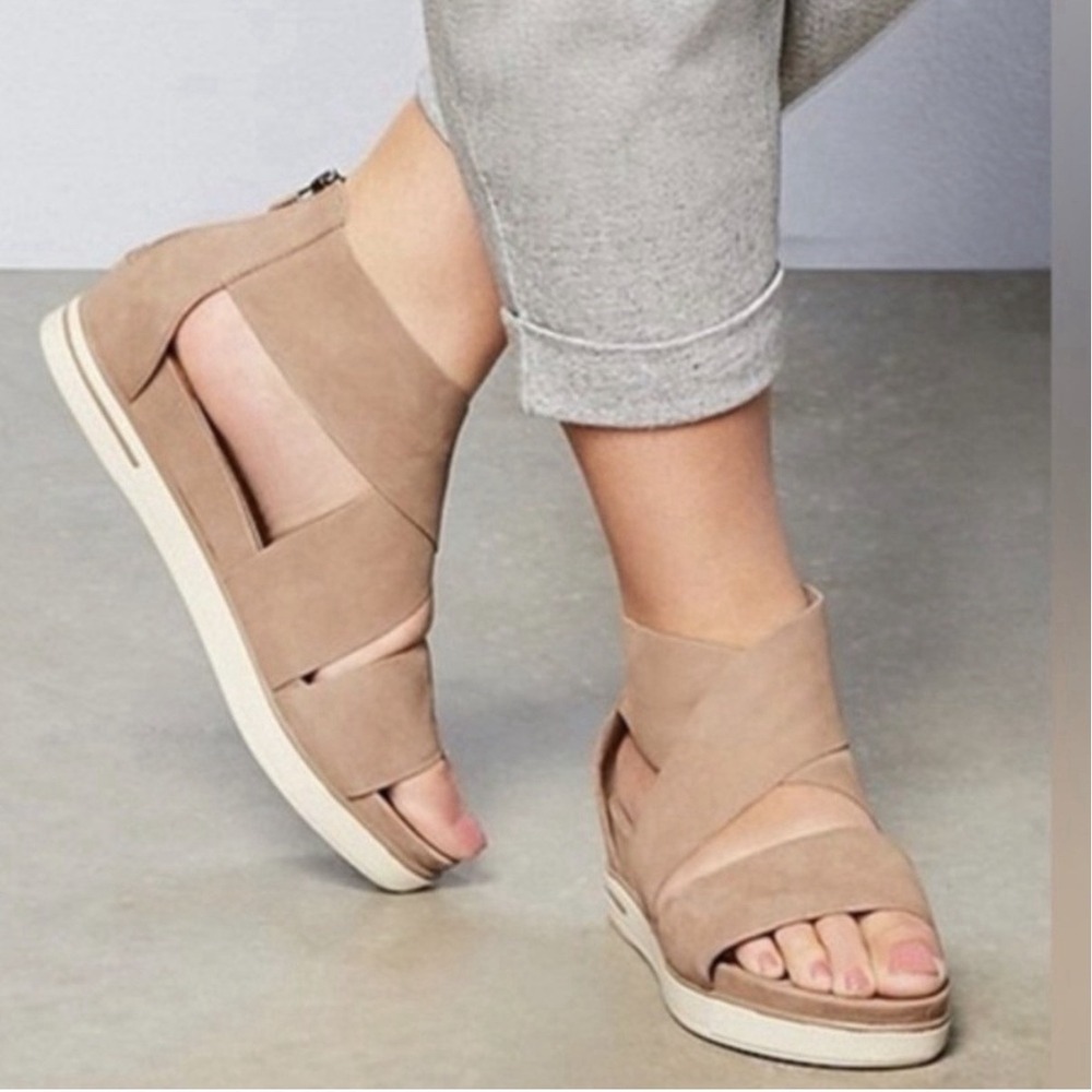 Eileen Fisher Nubuck Leather Strappy Sandals Sz 6.5 Taupe Tan Comfortable